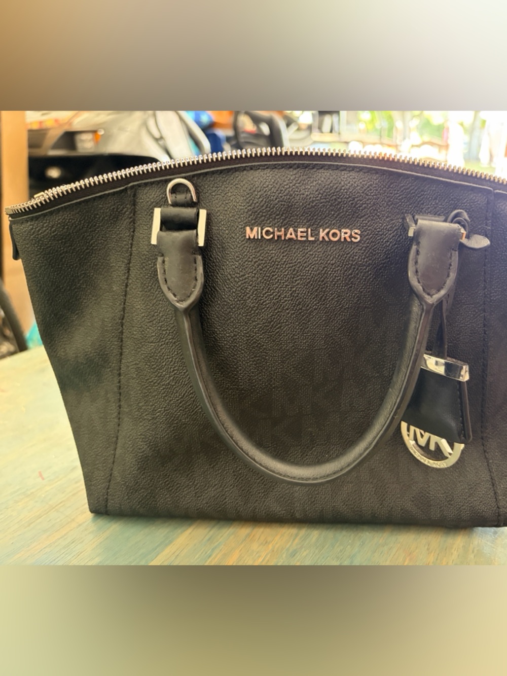 Michael Kors Black Satchel Textured Logo Exterior MK Charm Zip Top Handbag - Picture 4 of 5